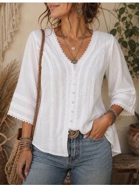Inca Cottons White Boho Lace Shirt Women’s Medium Made In Peru